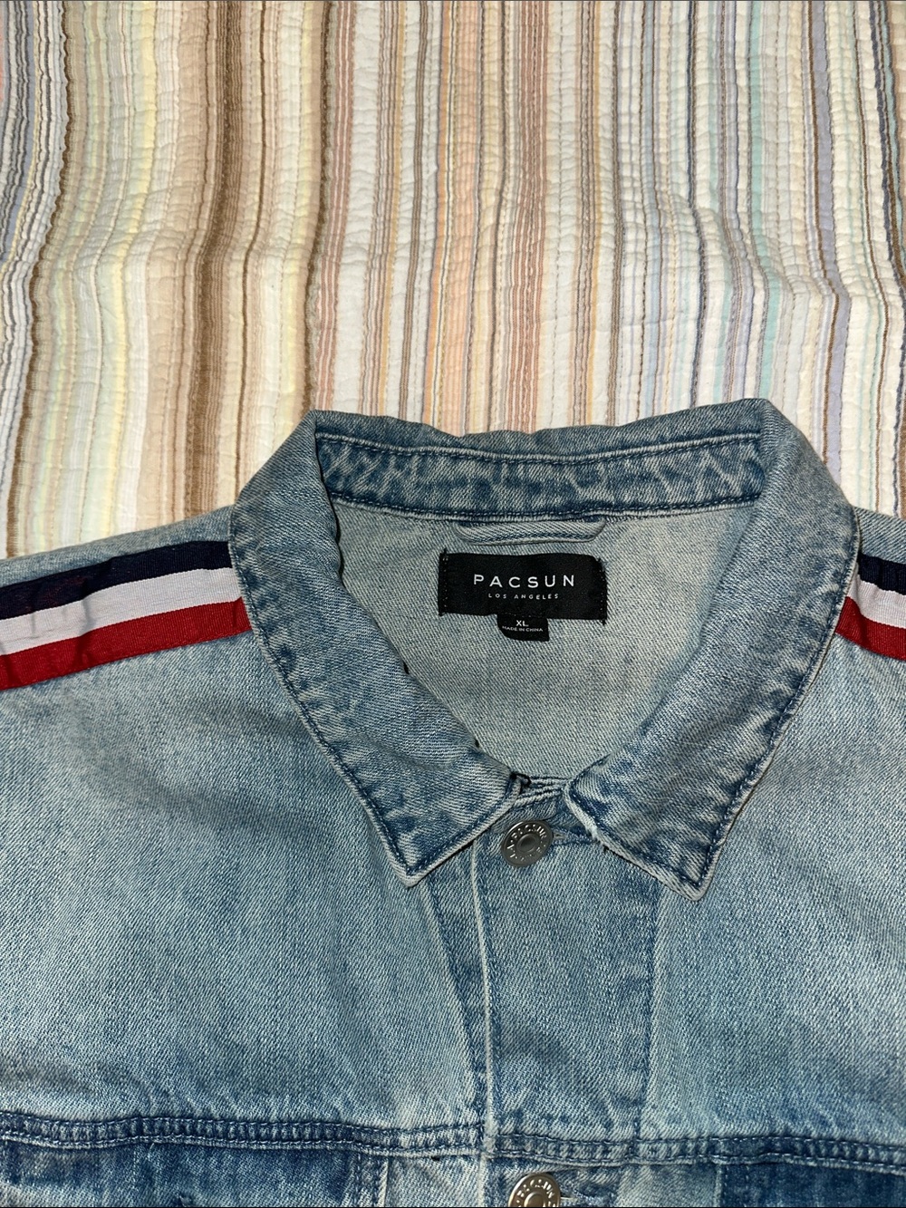 Upcycled PacSun Light Blue Denim Jacket with Red, White and Navy Sleeve Stripes - Picture 4 of 5